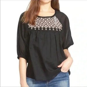 Madewell women XS Starflower Shirred peasant top embroidered black